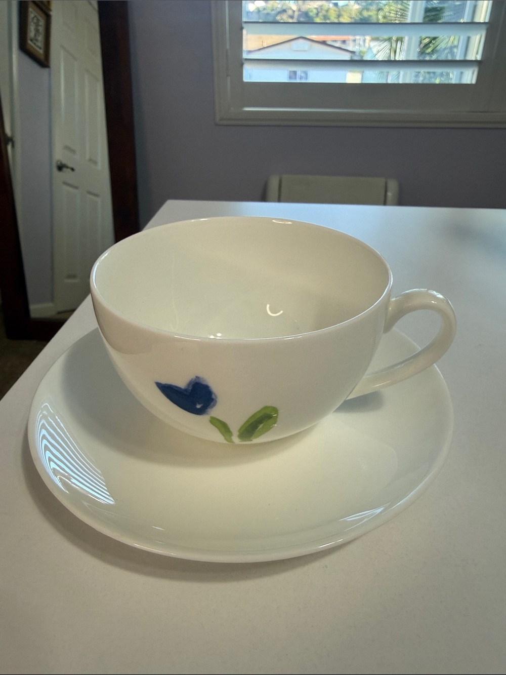 Crate&Barrel Anna’s Artistry Blue Flower Bone China Teacup and Saucer Set of Two - Picture 4 of 8
